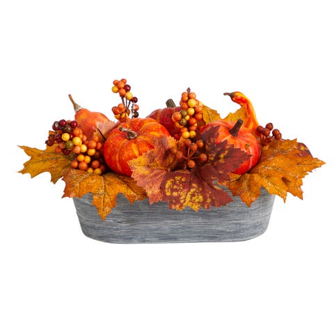 12-in Fall Pumpkin and Berries Autumn Harvest Artificial Arrangement in Washed Vase