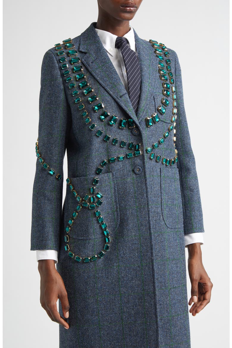 Windowpane Hunting Tweed Trompe L'Oiel Swarovski Crystal Long Jacket, Alternate, color, DEEP BLUE