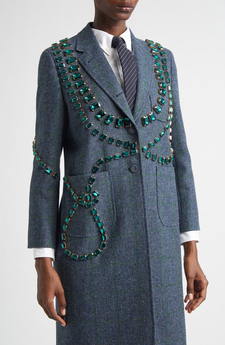 Thom Browne Windowpane Hunting Tweed Trompe L'Oiel Swarovski Crystal Long Jacket, Alternate, color,