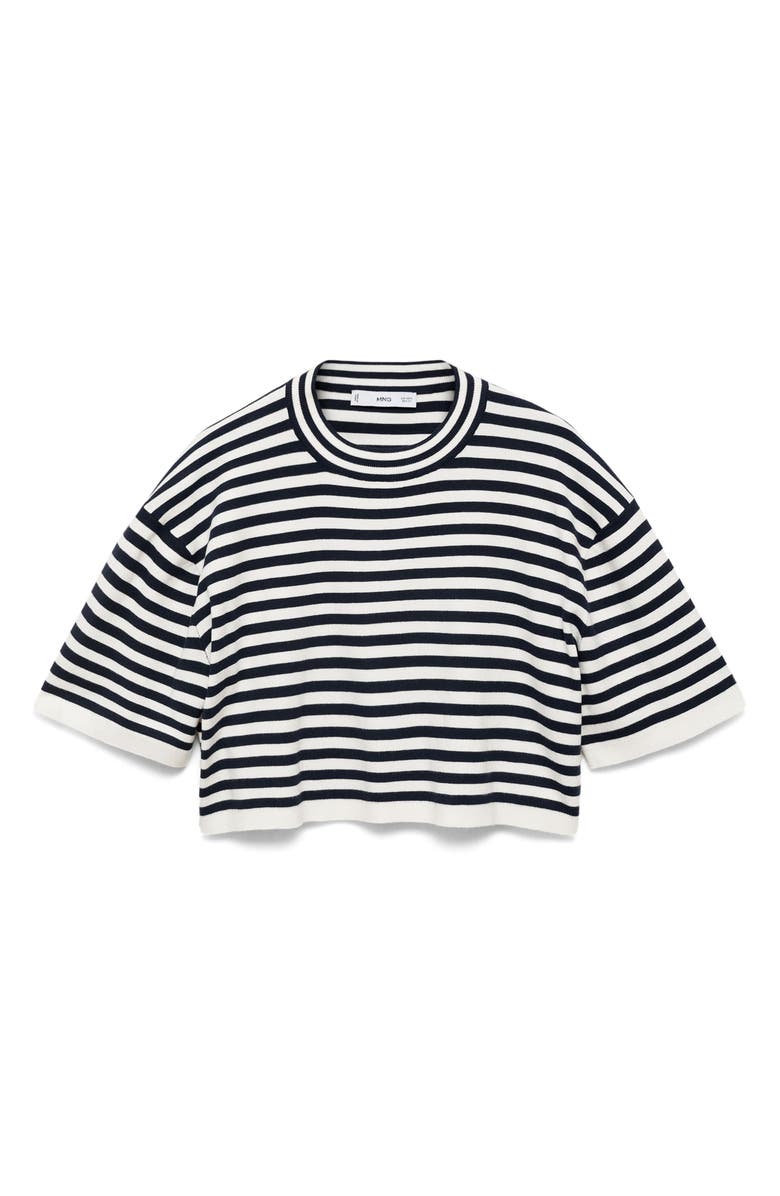 MANGO Stripe Short Sleeve Crop Sweater, Alternate, color, Dark Navy