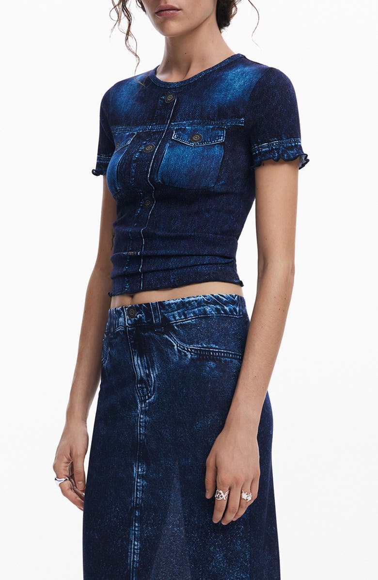 Desigual Denim Print Crop T-Shirt, Alternate, color,