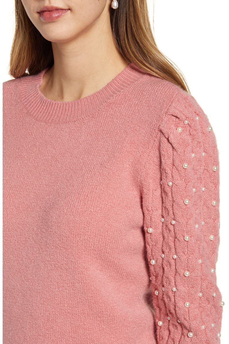Imitation Pearl Embellished Puff Sleeve Sweater, Alternate, color, PINK COMPACT