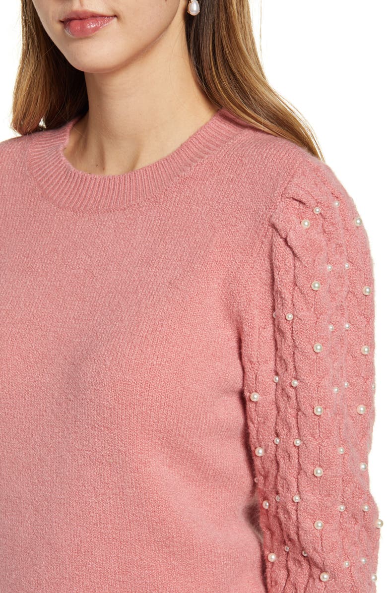 Rachel Parcell Imitation Pearl Embellished Puff Sleeve Sweater, Alternate, color,