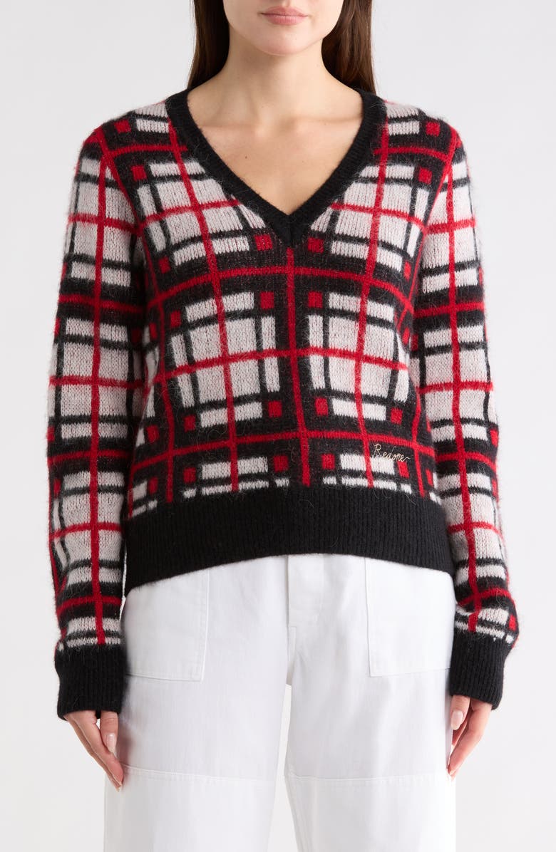 Re/Done Tartan V-Neck Sweater, Main, color, Black/ Red/ Whte