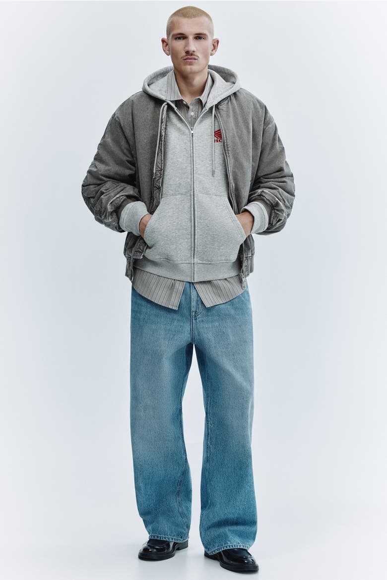 Loose Fit Printed Zip-through Hoodie, Alternate, color, Light gray melange/Honda