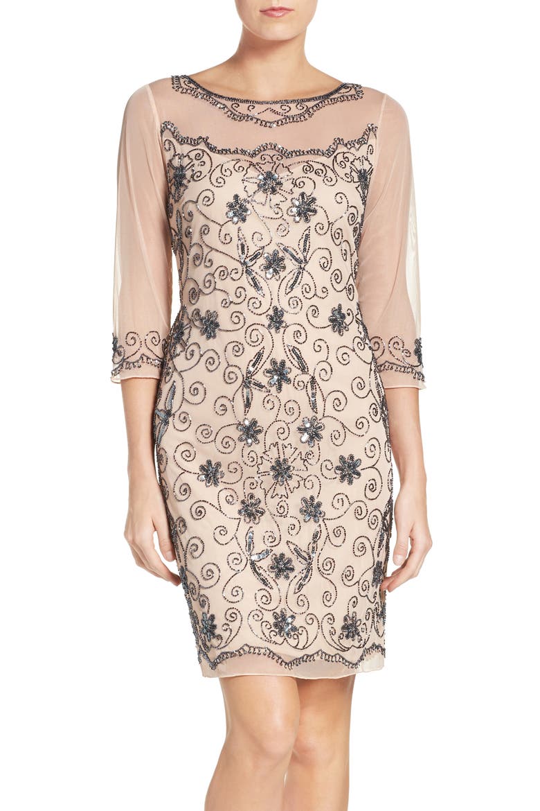 Beaded Mesh Sheath Dress, Main, color, ROSE