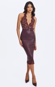 Miss Circle Fiera Plunging Halter Belted Midi Dress