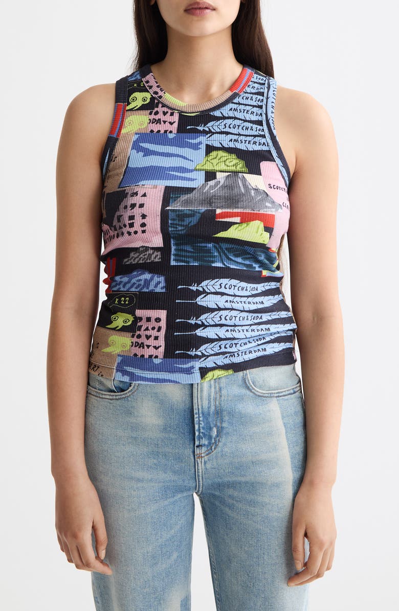 Scotch & Soda Mix Print Rib Stretch Cotton Tank, Main, color,