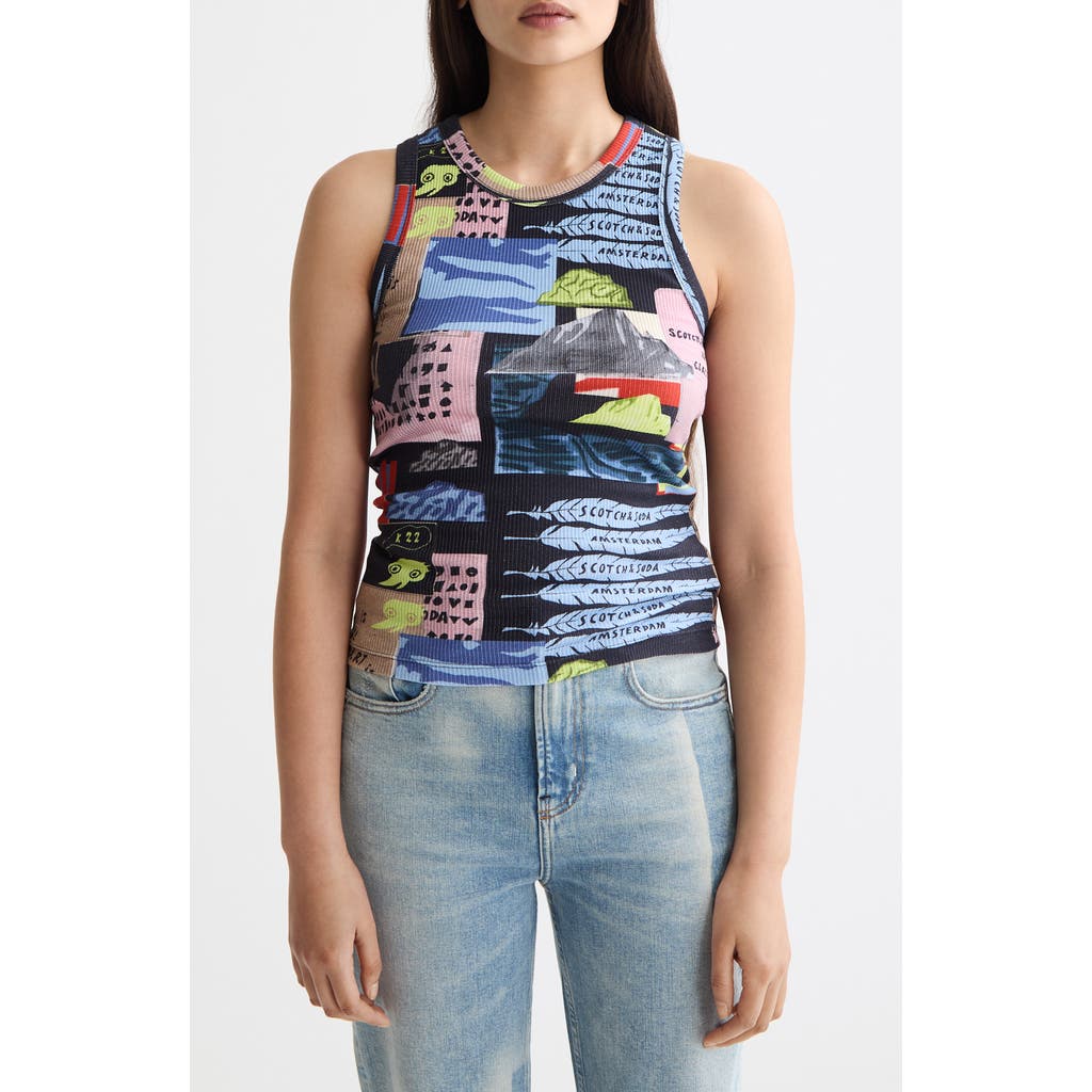 Scotch & Soda Mix Print Rib Stretch Cotton Tank In Multi