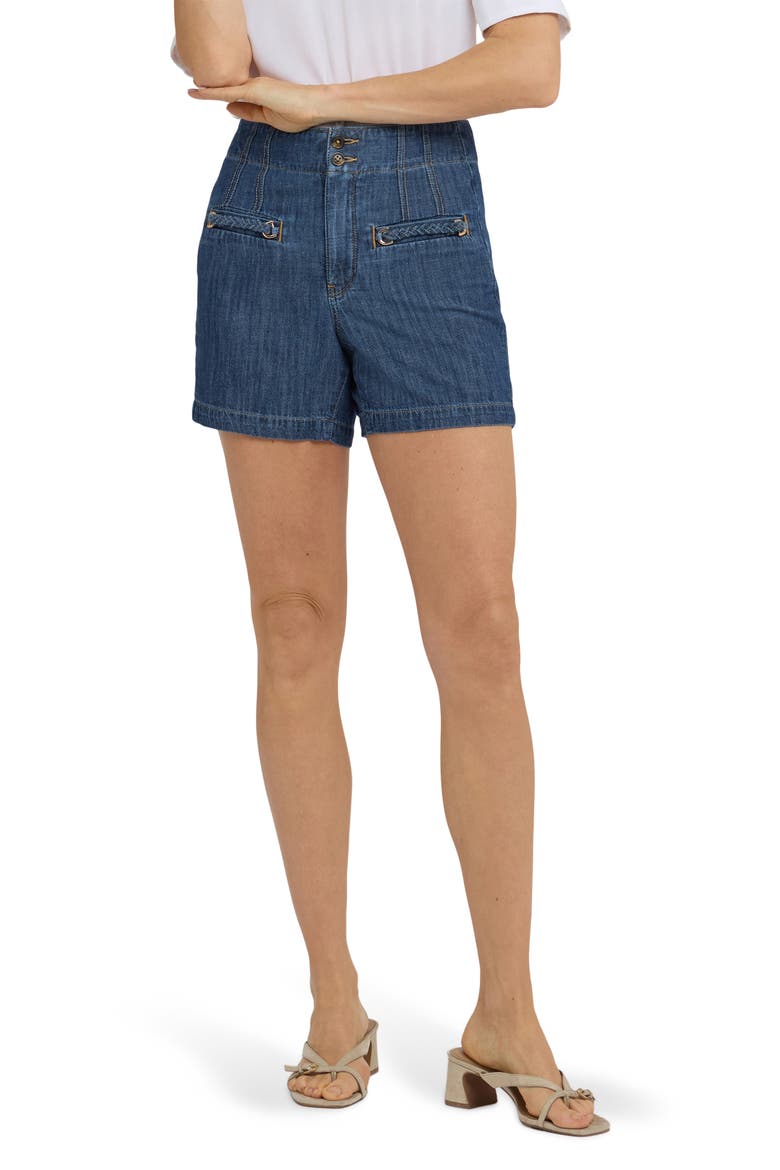 Briella Embellished Welt Pocket Denim Shorts, Main, color, MEDIUM INDIGO