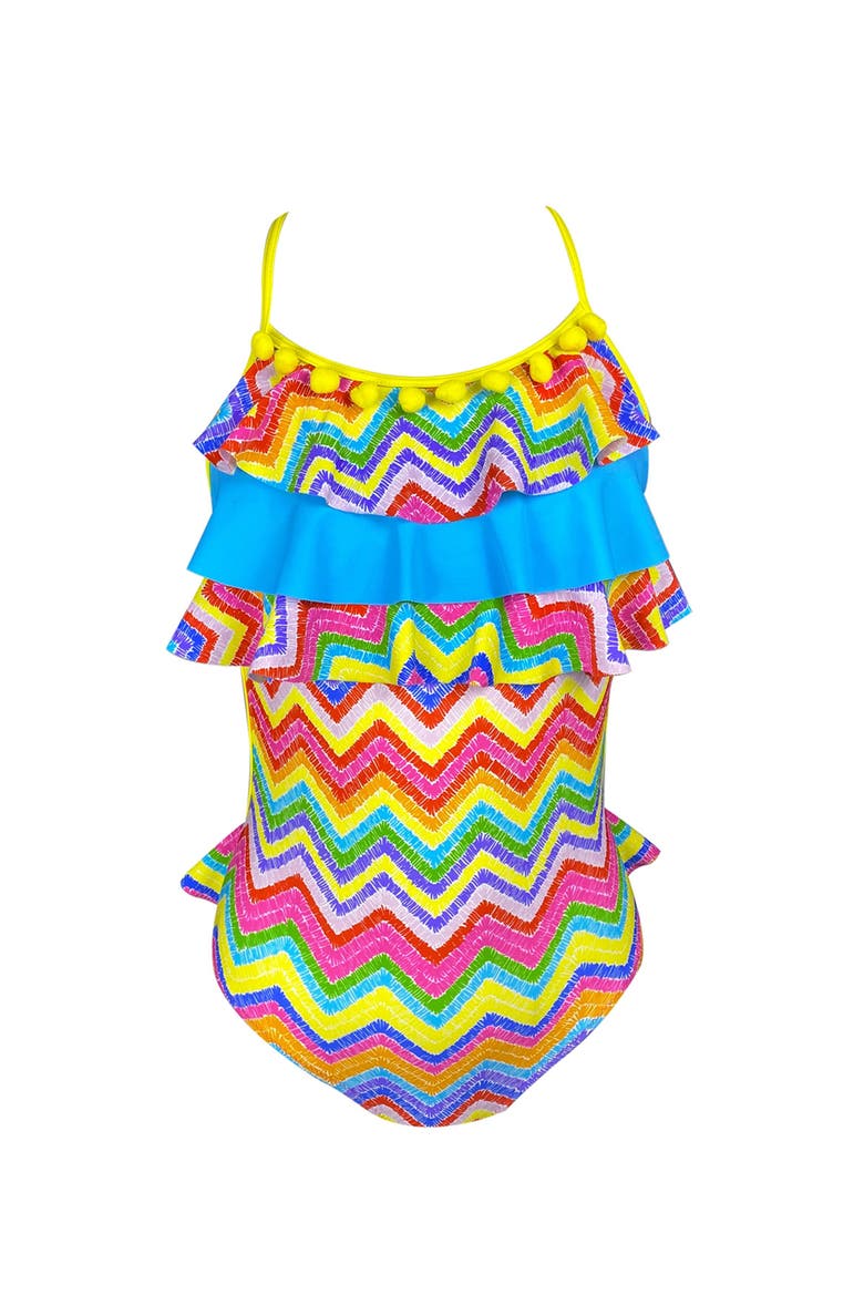Rainbow Zig-Zag Triple Ruffles and Pom-Pom Trim One-Piece Swimsuit, Main, color, Multicolor