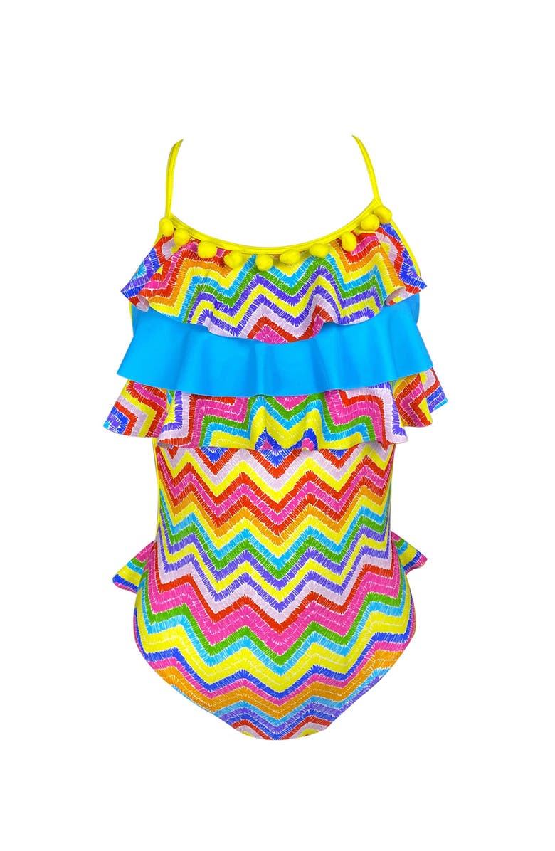 NESSI BYRD Rainbow Zig-Zag Triple Ruffles and Pom-Pom Trim One-Piece Swimsuit, Main, color, Multicolor