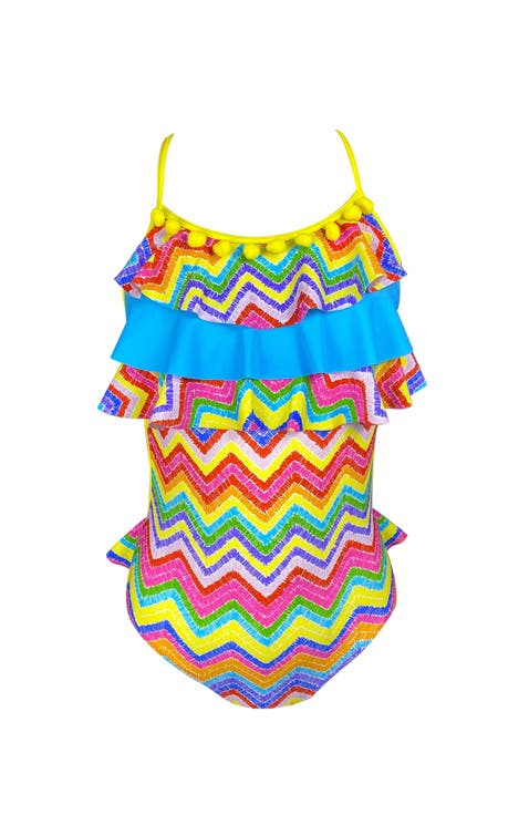 Rainbow Zig-Zag Triple Ruffles and Pom-Pom Trim One-Piece Swimsuit