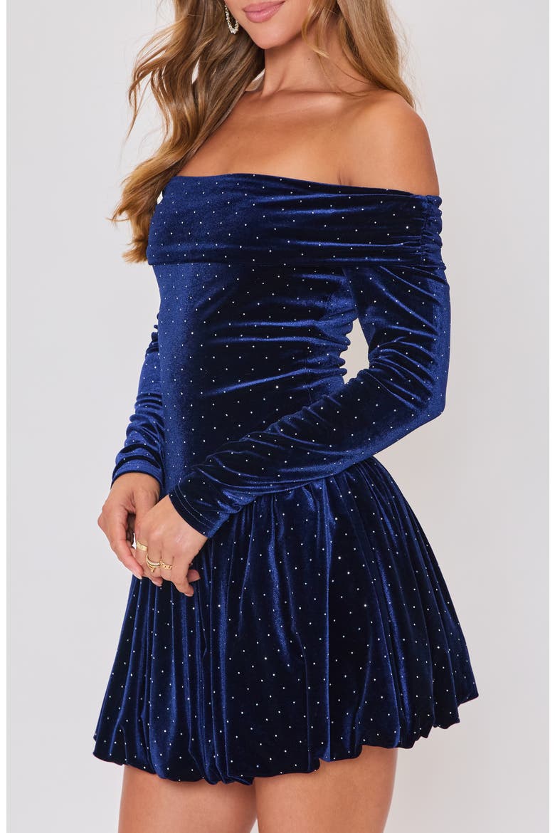 Hostess Off the Shoulder Long Sleeve Velvet Minidress, Alternate, color, NAVY