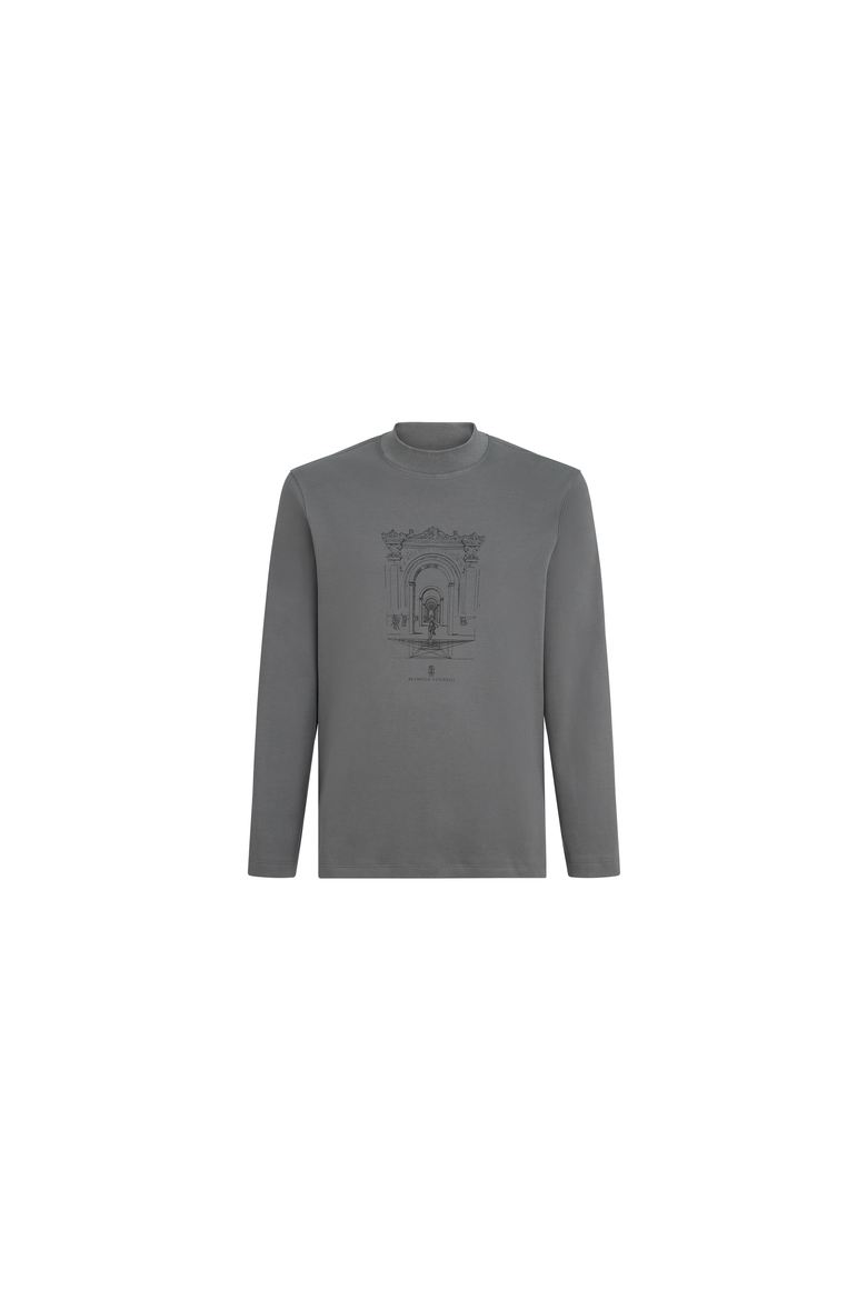 Cotton interlock long sleeve T-shirt with mock neck and print, Alternate, color, Medium Grey