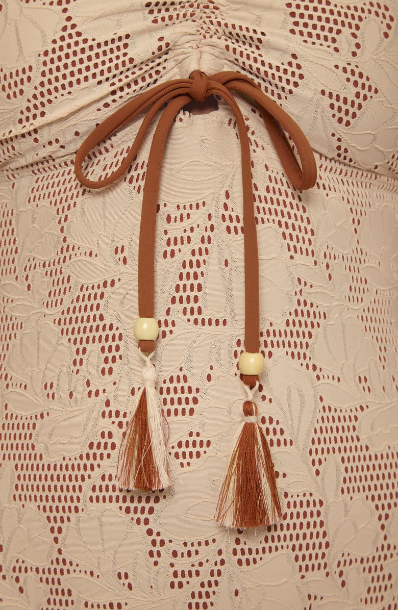 Lucky Brand Belize Ruched Lace Overlay One-Piece Swimsuit, Alternate, color, Natural