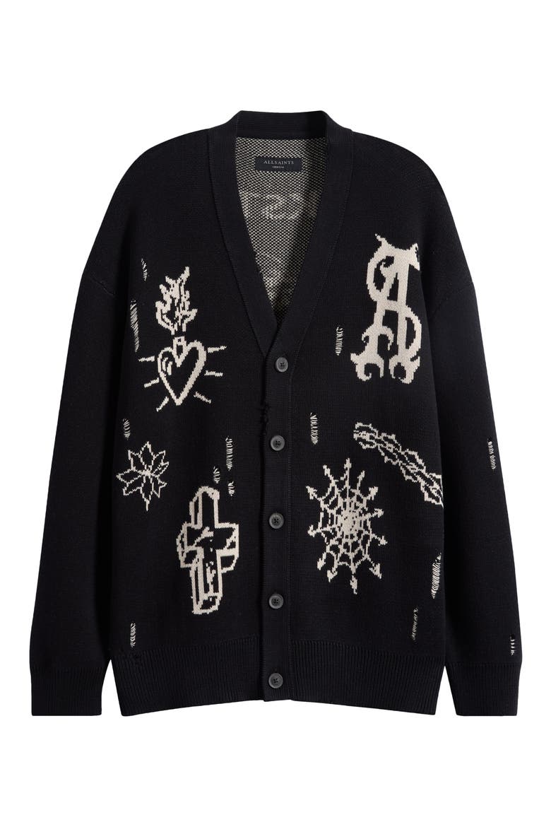 Staged Intarsia Organic Cotton Button Front Cardigan, Main, color, BLACK/ ECRU WHITE