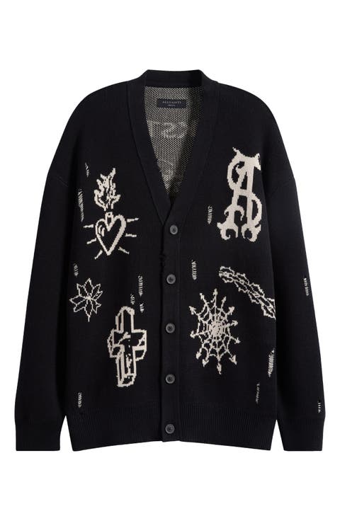 Staged Intarsia Organic Cotton Button Front Cardigan