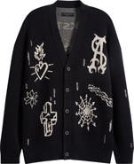 AllSaints Staged Intarsia Organic Cotton Button Front Cardigan