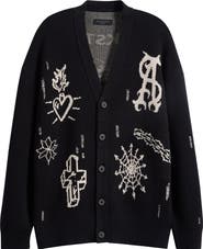 AllSaints Staged Intarsia Organic Cotton Button Front Cardigan