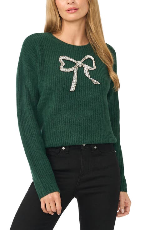 Rhinestone Bow Ribbed Crewneck Sweater