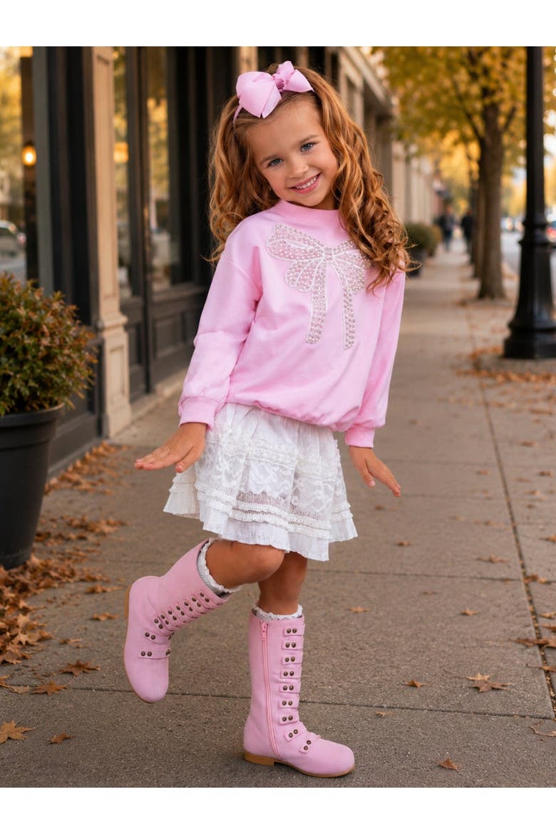 Pretty in Pink Pearl Bow Top and Lace Skirt Set, Alternate, color, Pink