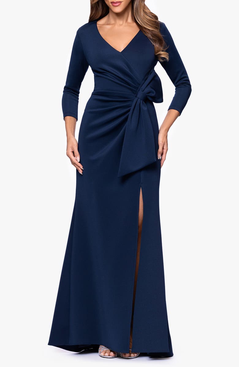 Xscape Evenings Bow Detail Long Sleeve Scuba Crepe Gown, Main, color, Midnight