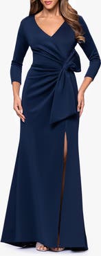 Xscape Evenings Bow Detail Long Sleeve Scuba Crepe Gown