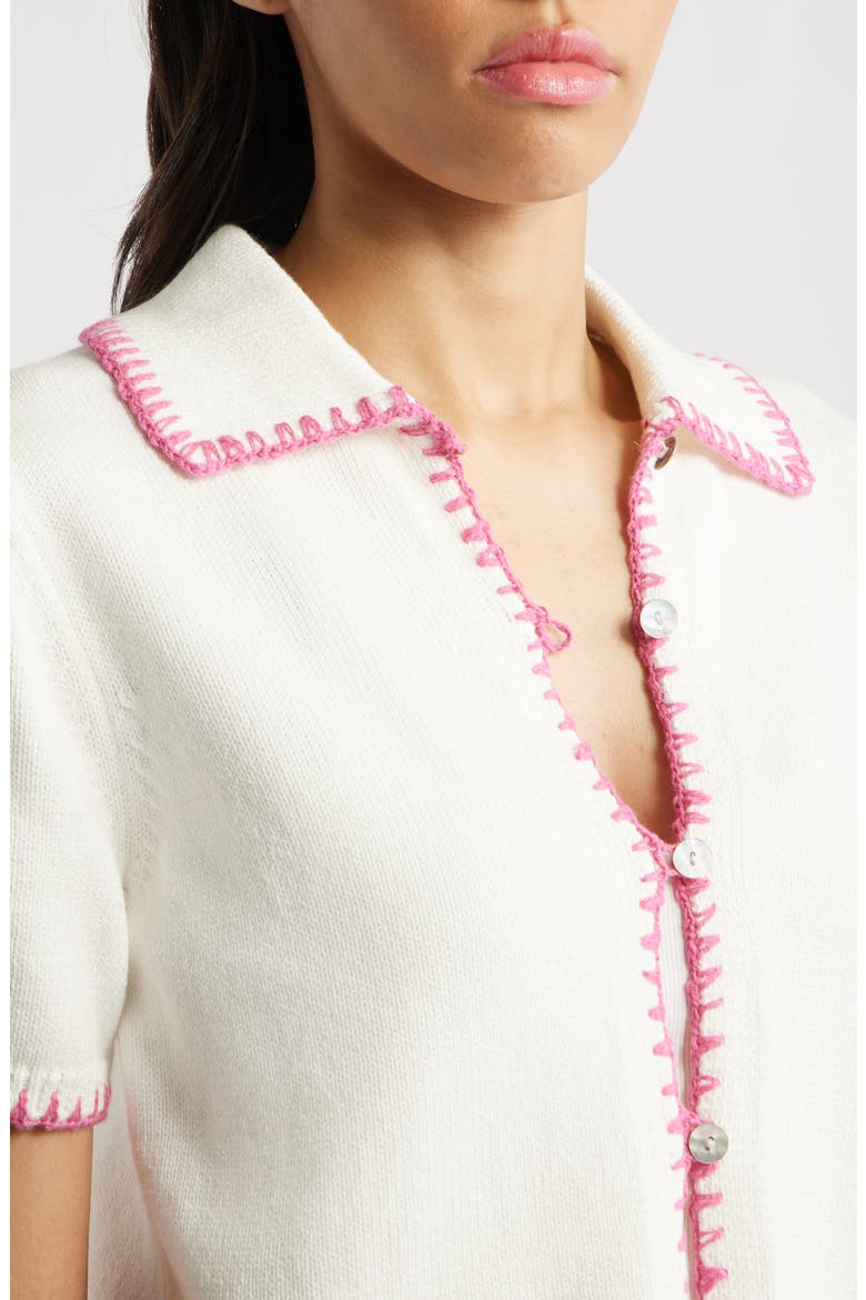 Maliah Blanket Stitch Cotton Polo Sweater, Alternate, color, IVORY HIBISCUS