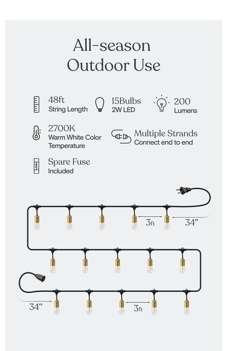 Brightech 48 ft, 15‑light Plug‑In Heavy Duty LED Outdoor String Lights, Gold Accent Brass Socket and Weatherproof Bulbs, Alternate, color, 48 Ft 15 Bulbs | Soft White