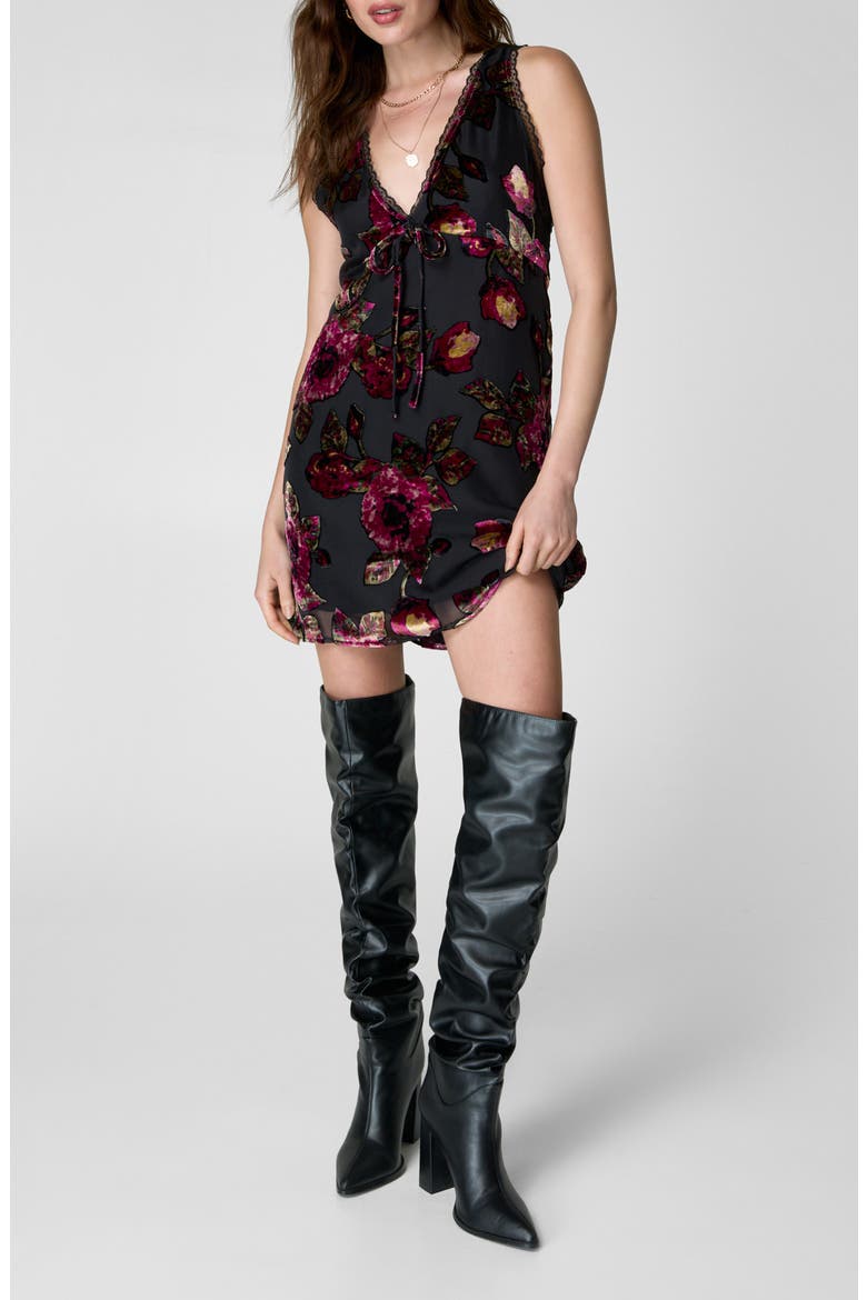 Floral Devore Lace Trim Minidress, Main, color, BLACK