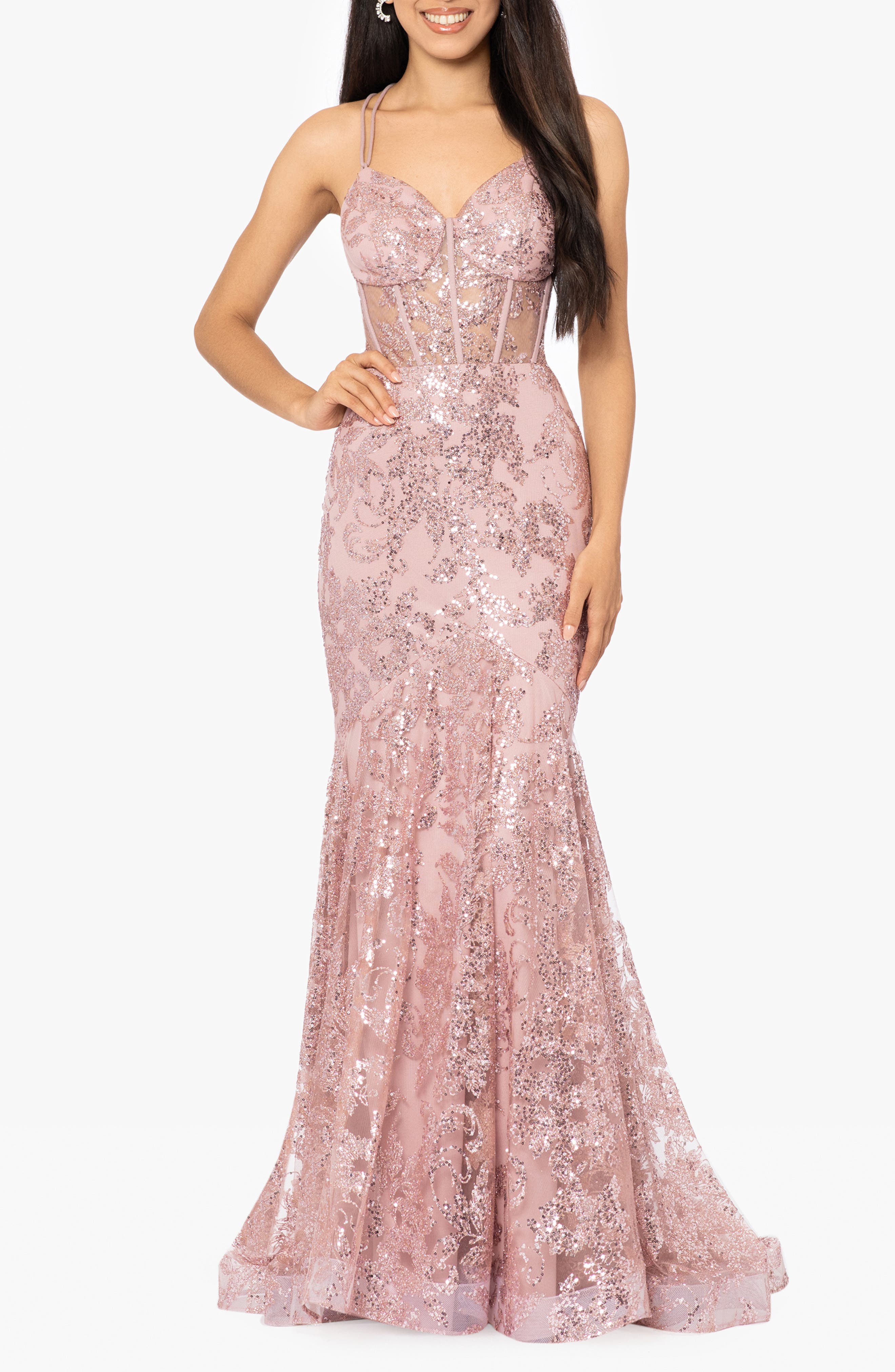 Blondie Nites Sequin Mesh Mermaid Gown in Rose 