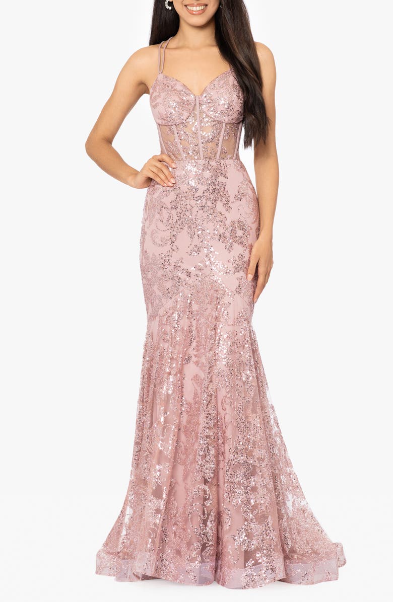 Blondie Nites Sequin Mesh Mermaid Gown, Main, color, Rose