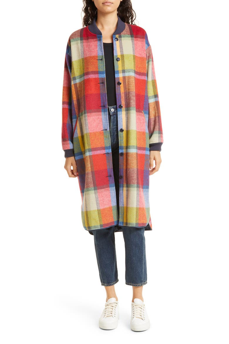 The Long Plaid Wool Blend Bomber Jacket, Main, color, BRIGHT MIXED PLAID