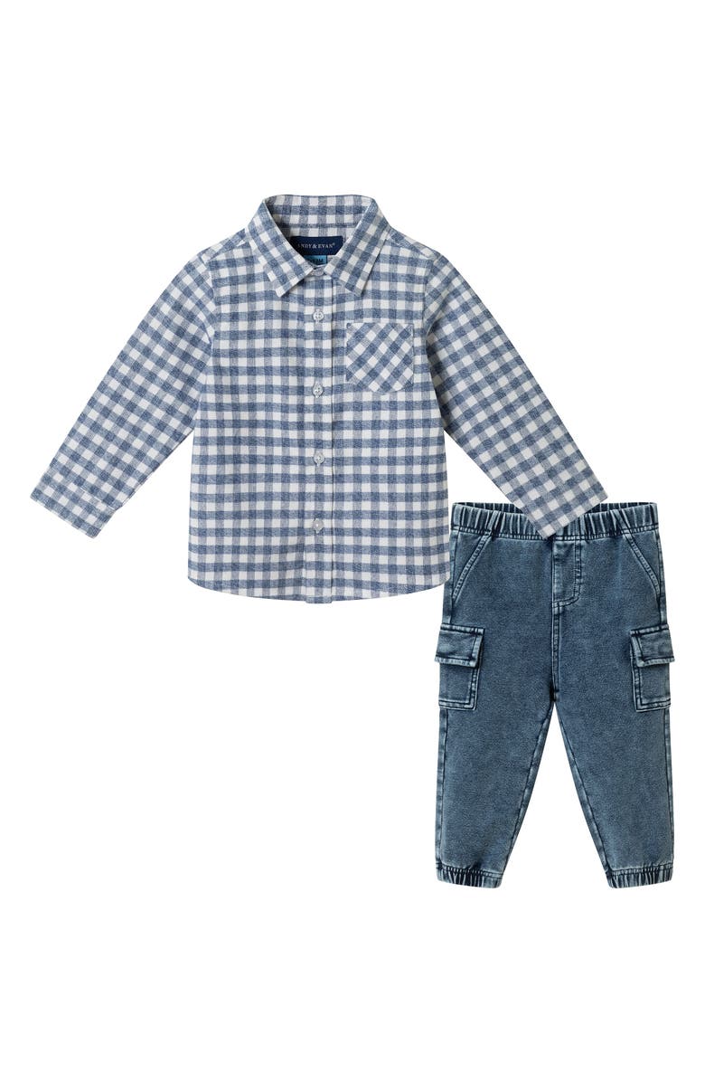Andy & Evan Button-Up Shirt & Denim Joggers Set, Main, color, Blue Gingham