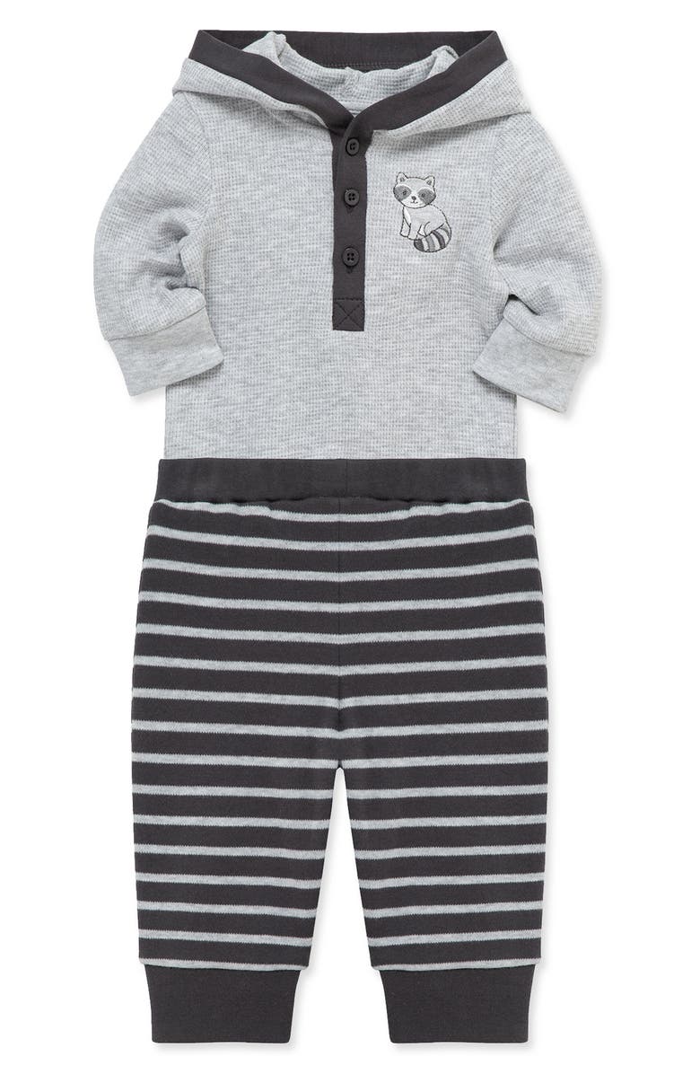 Little Me Raccoon Hooded Cotton Bodysuit & Pants Set, Alternate, color, Grey