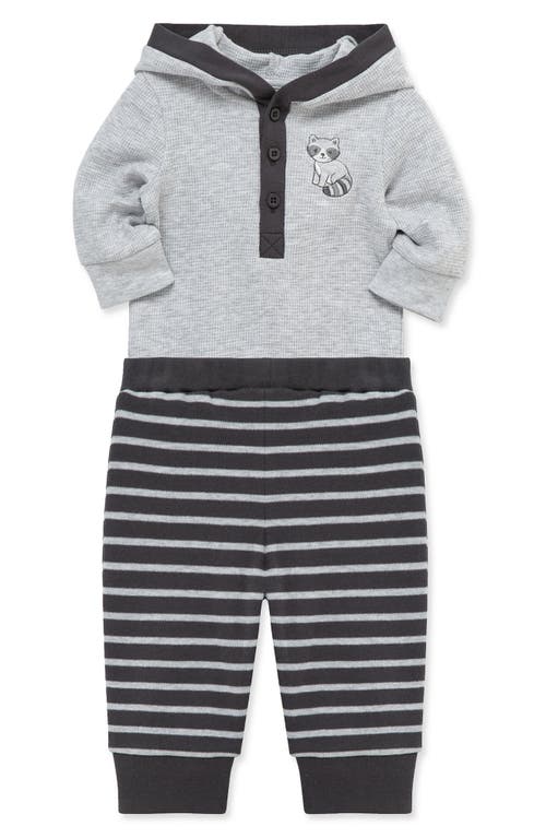 Little Me Raccoon Hooded Cotton Bodysuit & Pants Set In Gray