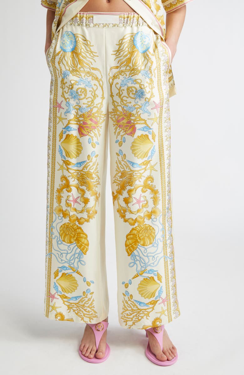 Versace Underwater Barocco Wide Leg Silk Pants, Main, color, Eggshell Multicolor