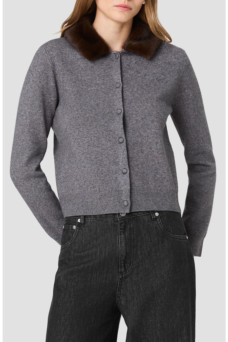 Sloane Faux Fur Collar Cardigan, Main, color, DARK GREY MEL/ BROWN MULTI