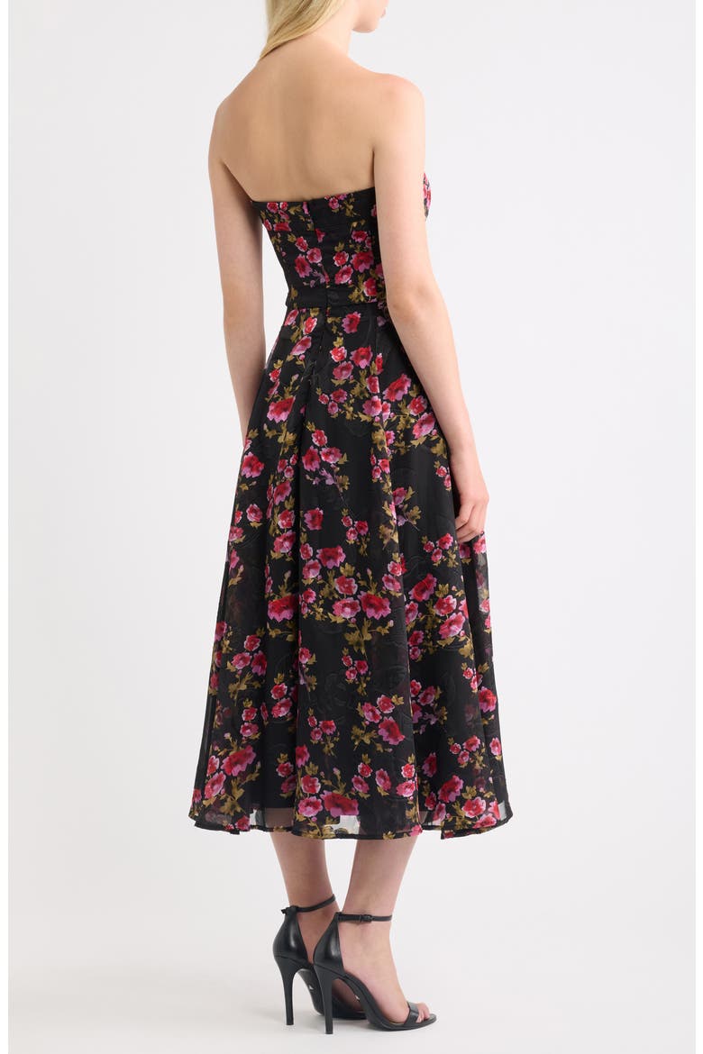 Elena Floral Strapless Cocktail Midi Dress, Alternate, color, BLACK FLORAL MULTI