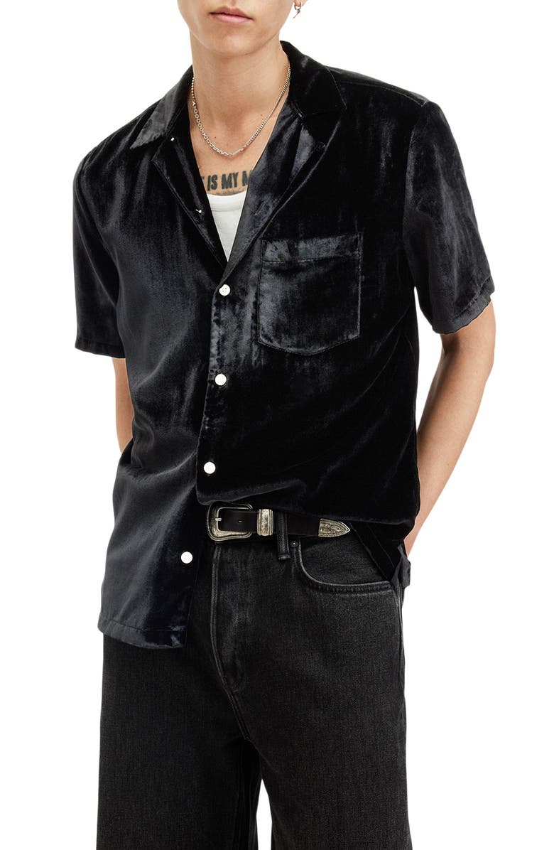AllSaints Runa Relaxed Fit Velveteen Short Sleeve Button-Up Shirt, Alternate, color, Jet Black