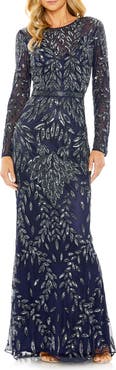 Mac Duggal Long Sleeve Illusion Neckline Embellished Gown