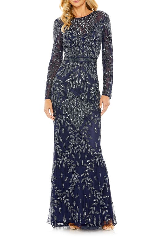 Mac Duggal Long Sleeve Illusion Neckline Embellished Gown in Midnight at Nordstrom, Size 6