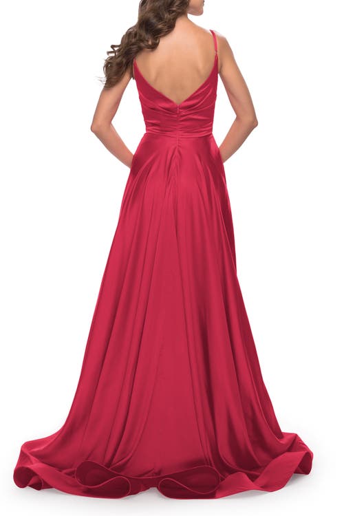 La Femme Long Satin Dress With Side Slit And V Shaped Back In Red