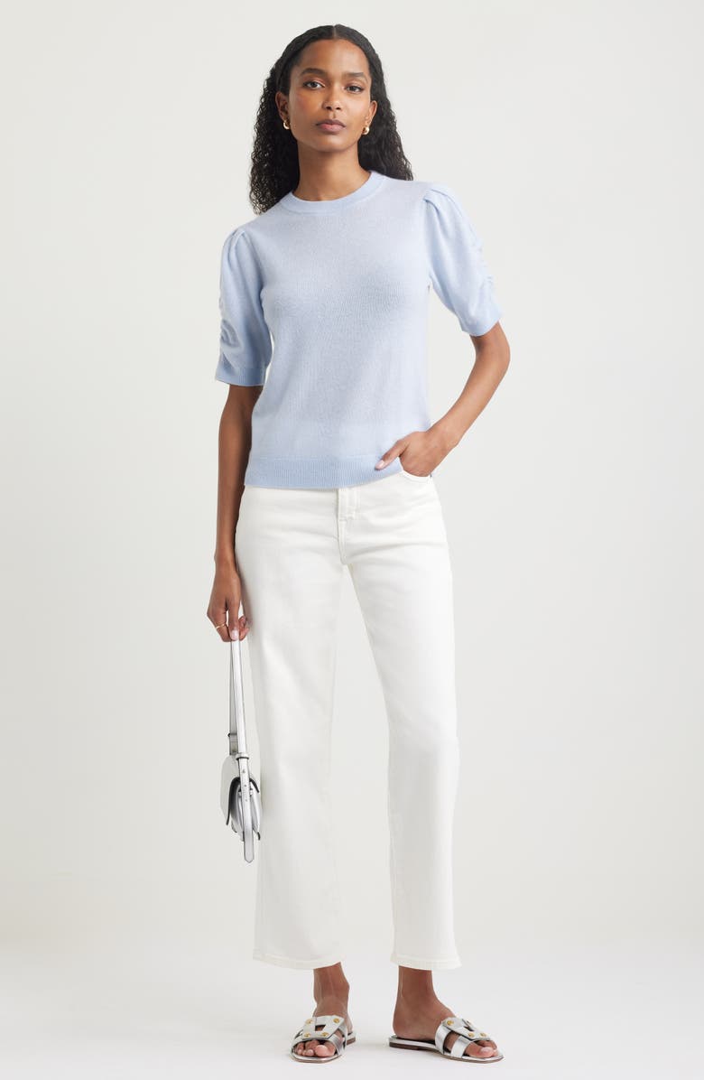 Nordstrom Ruched Short Sleeve Cashmere Sweater, Alternate, color, Blue Zen