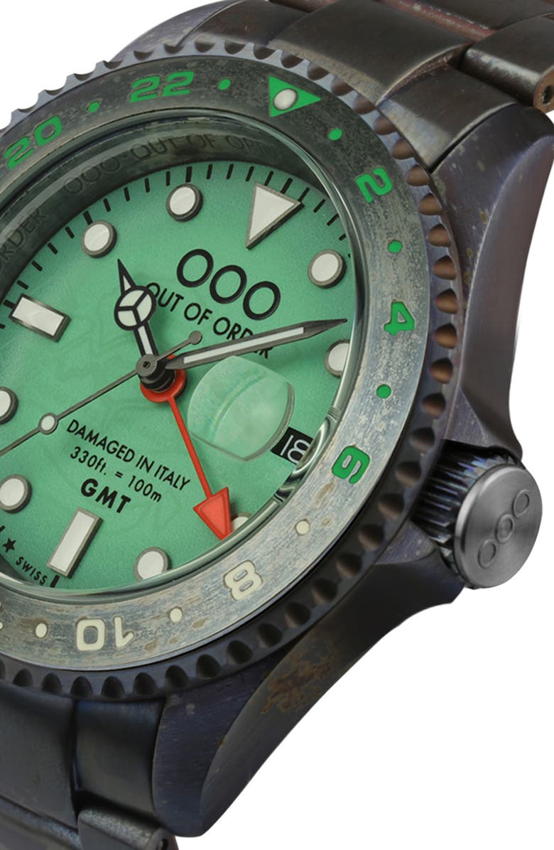 OUT OF ORDER Swiss Movement GMT Tokyo Shibuya Ultra Brushed Bracelet Watch, 44mm, Alternate, color, Black/ Light Green