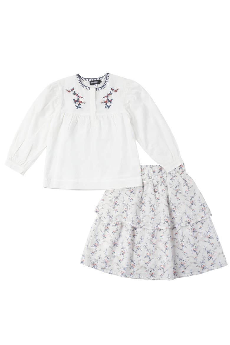 Floral Emboidered Woven Long Sleeve Top and Skirt Set, Main, color, White