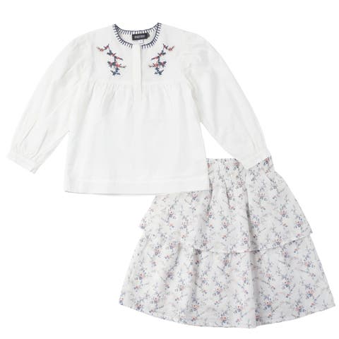Floral Emboidered Woven Long Sleeve Top and Skirt Set