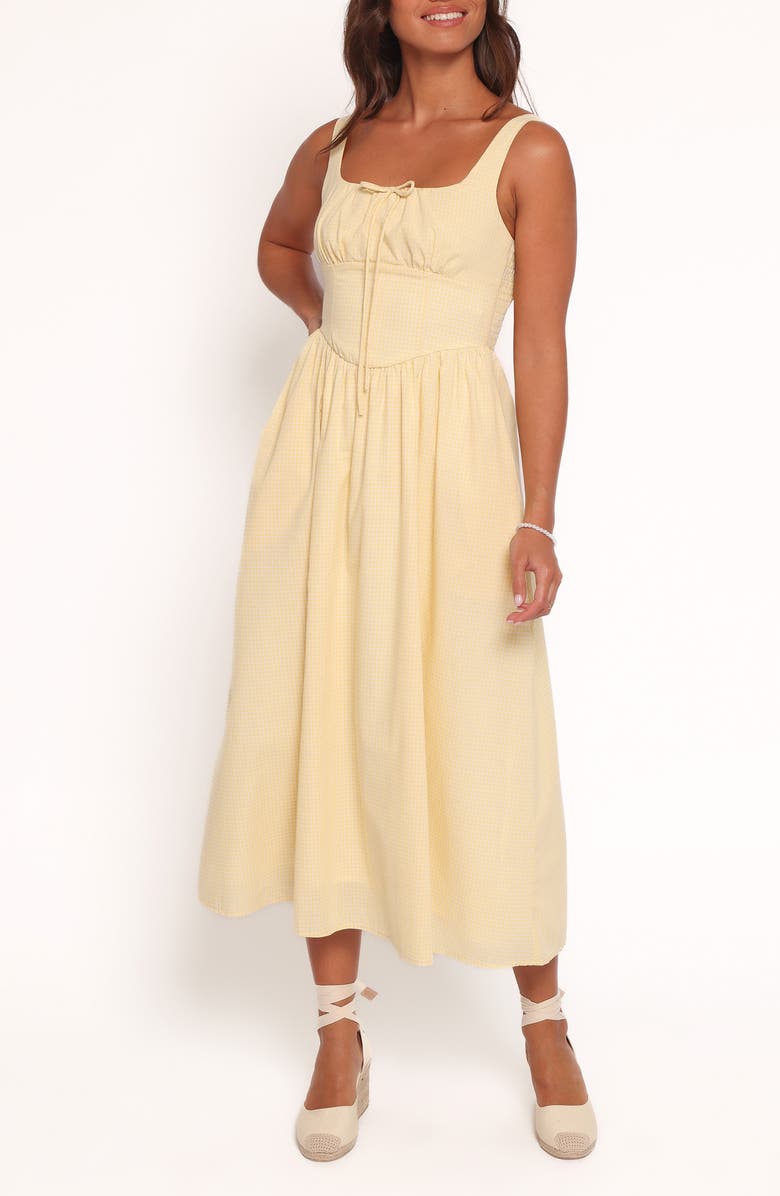 Petal & Pup Kinslee Corset Cotton Blend Midi Dress, Main, color, Yellow Gingham