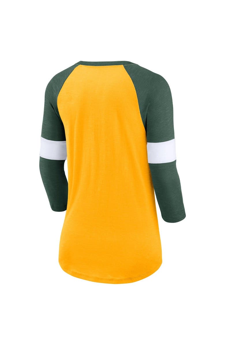 Nike Women's Nike Green Bay Packers Heather Gold/Heather Green Football Pride Raglan 3/4-Sleeve T-Shirt, Alternate, color,